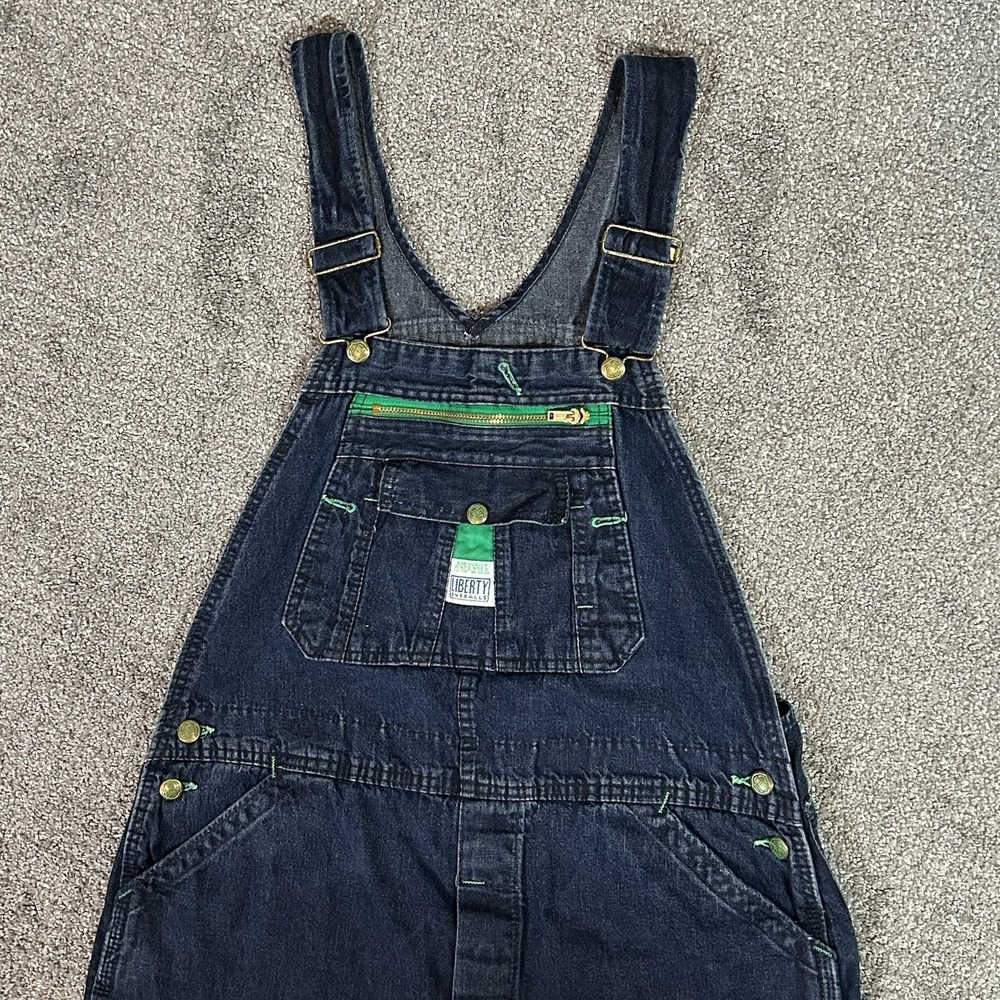 Liberty Overalls Men's 38x31 Dark Denim Bib Carpenter Green Stitch Zip Pocket - Picture 2 of 11